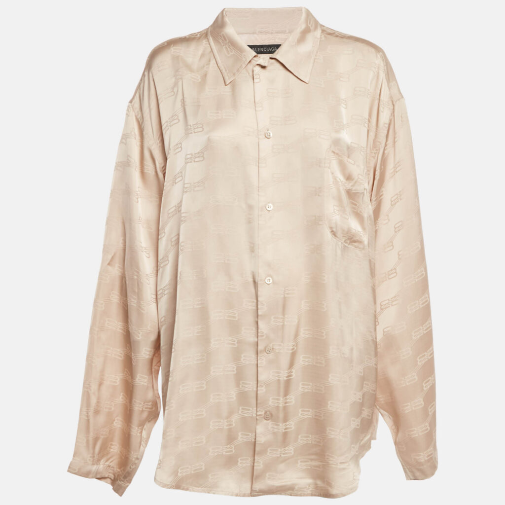 Balenciaga Beige Logo Jacquard Satin Shirt M Balenciaga Beige Logo Jacquard Satin Shirt M