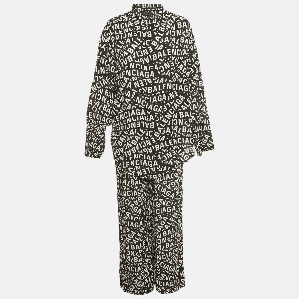 Balenciaga Homewear Black Logo All-Over Silk Pajama Set S Balenciaga Homewear Black Logo All-Over Silk Pajama Set S