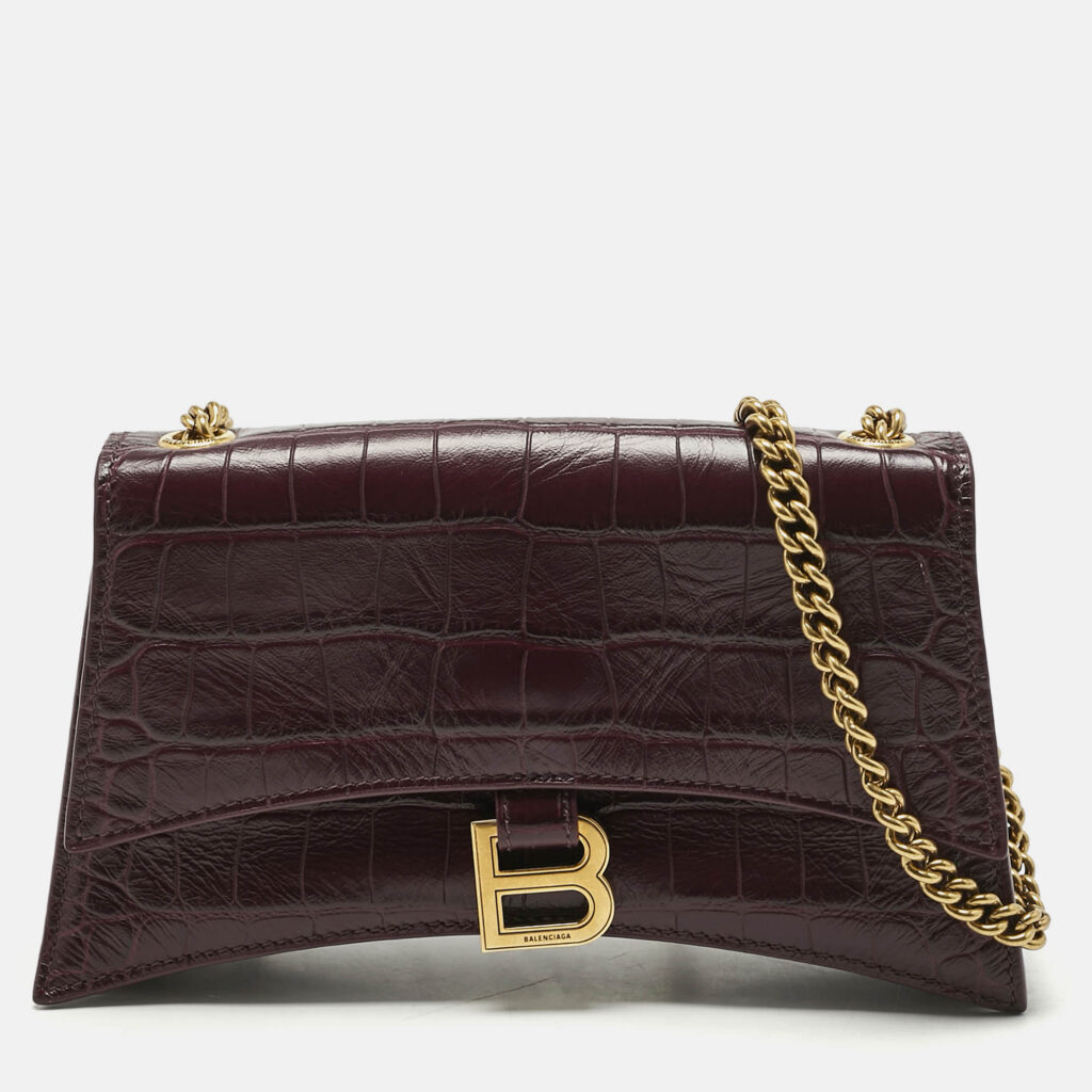 Balenciaga Dark Red Croc Embossed Leather XS Crush Chain Shoulder Bag Balenciaga Dark Red Croc Embossed Leather XS Crush Chain Shoulder Bag