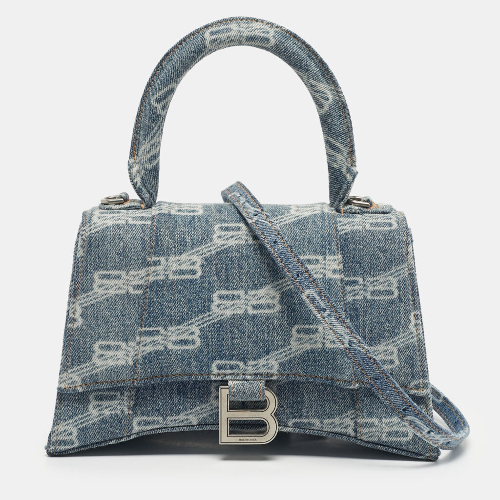 Balenciaga Blue BB Monogram Denim Small Hourglass Top Handle Bag