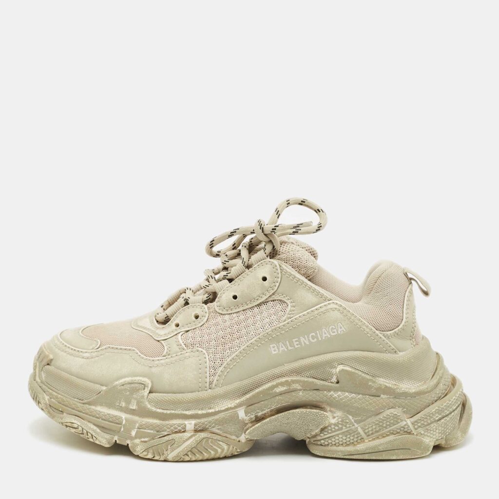 luxury-women-balenciaga-new-shoes-p1180800-003-1.jpg Balenciaga Beige Faux Leather and Mesh Faded Triple S Sneakers Size 38