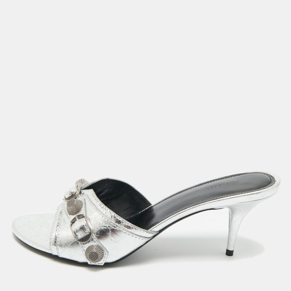 Balenciaga Silver Leather Le Cagole Slide Sandals Size 40 Balenciaga Silver Leather Le Cagole Slide Sandals Size 40
