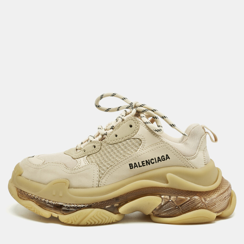 Balenciaga Beige Faux Leather and Mesh Triple S Lace Up Sneakers Size 37 Balenciaga Beige Faux Leather and Mesh Triple S Lace Up Sneakers Size 37