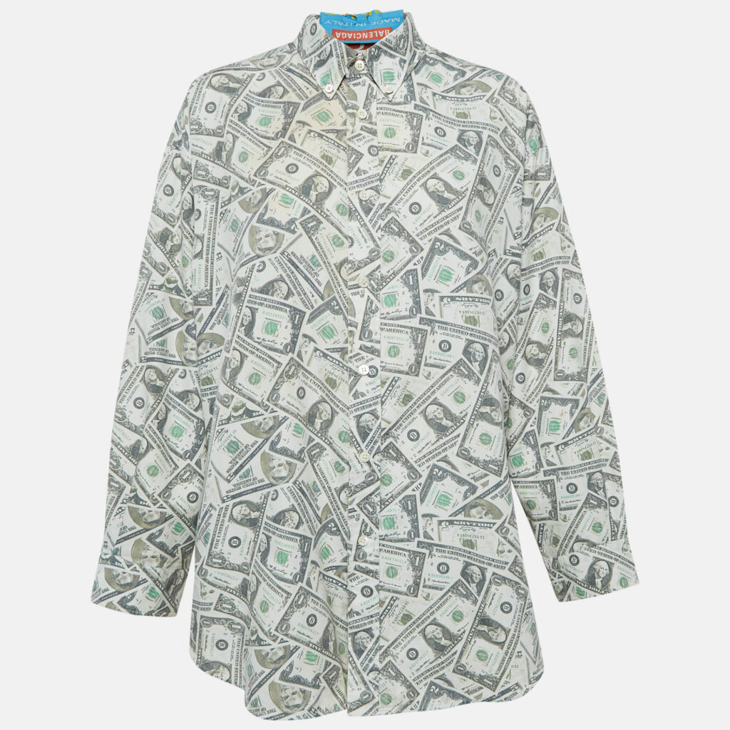 Balenciaga Green USD Print Cotton Blend Oversized Shirt S