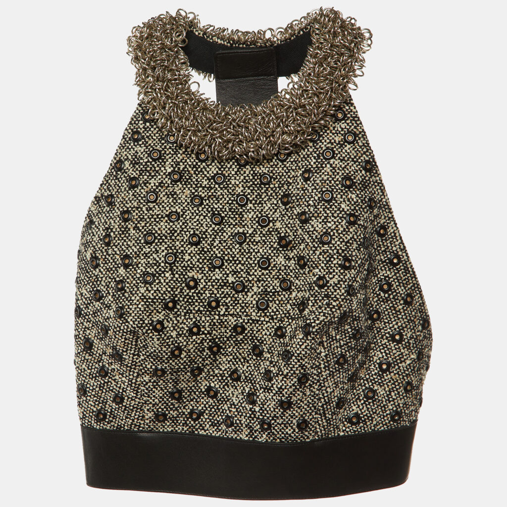 Balenciaga Black/White Eyelet and Ring Embellished Tweed Halter Neck Top M Balenciaga Black/White Eyelet and Ring Embellished Tweed Halter Neck Top M