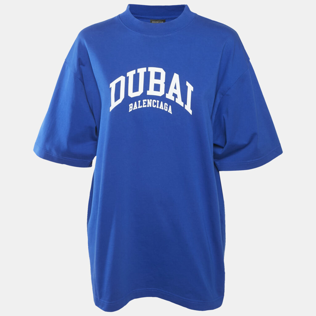 Balenciaga Royal Blue Printed Cotton Medium Fit T-Shirt S