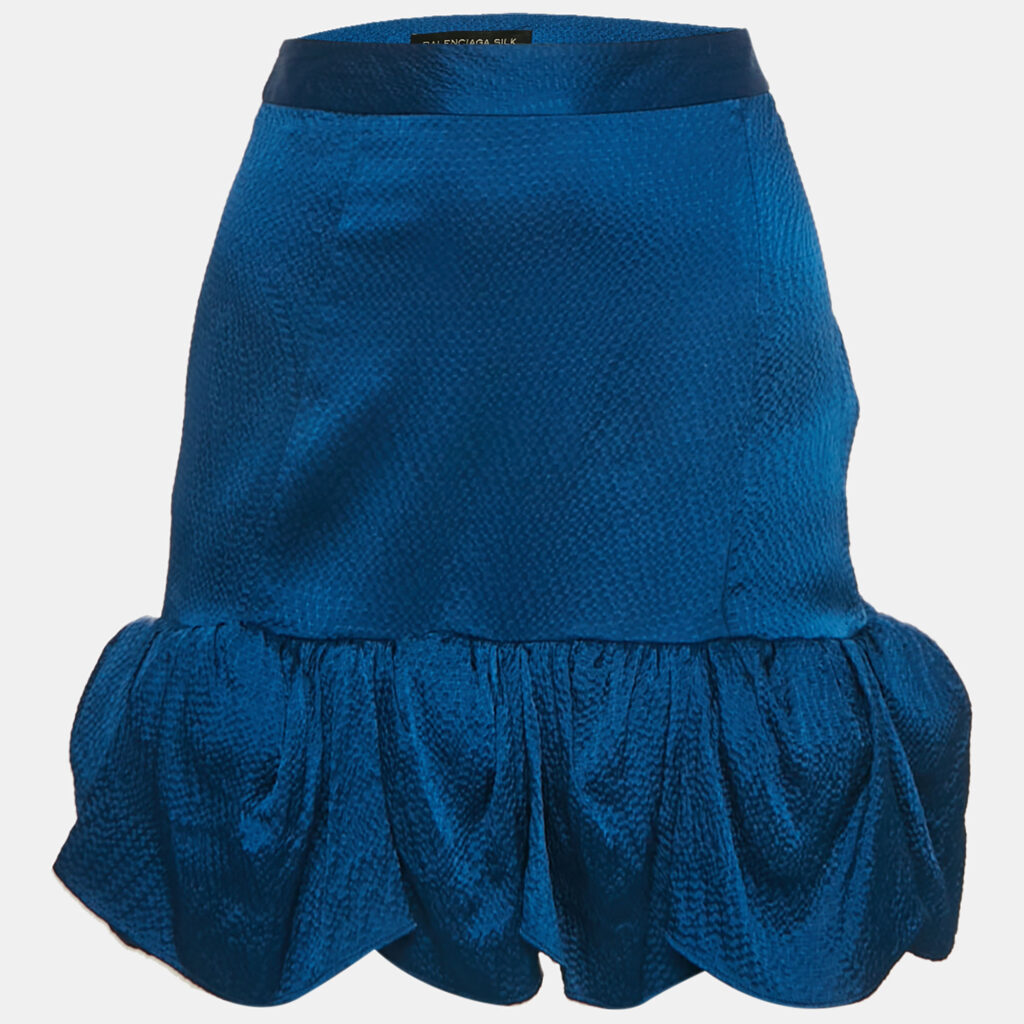 Balenciaga Blue Textured Silk Ruffled Mini Skirt M Balenciaga Blue Textured Silk Ruffled Mini Skirt M
