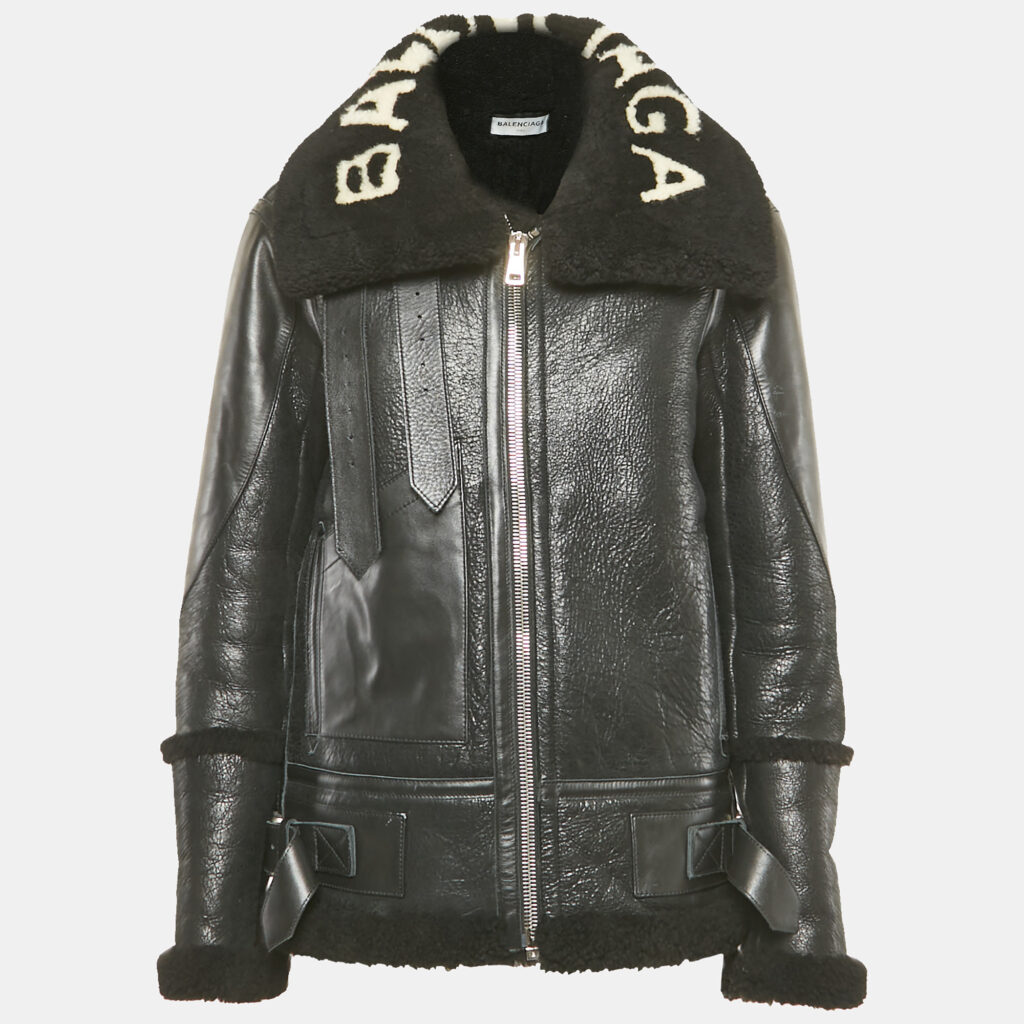 Balenciaga Black Logo Print Leather and Shearling Oversized Jacket S