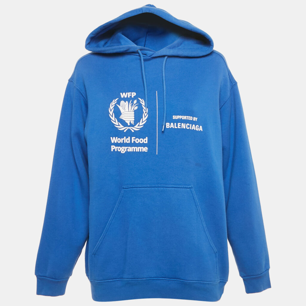 Balenciaga Blue World Food Programme Logo Print Cotton Hoodie XS Balenciaga Blue World Food Programme Logo Print Cotton Hoodie XS
