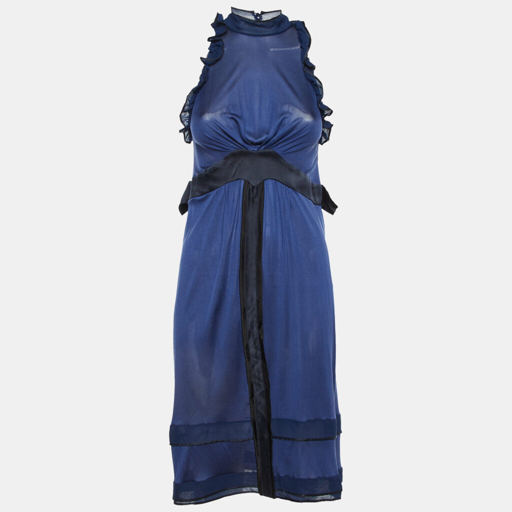 Balenciaga Navy Blue Silk Knit Ruffle Knit Mini Dress M