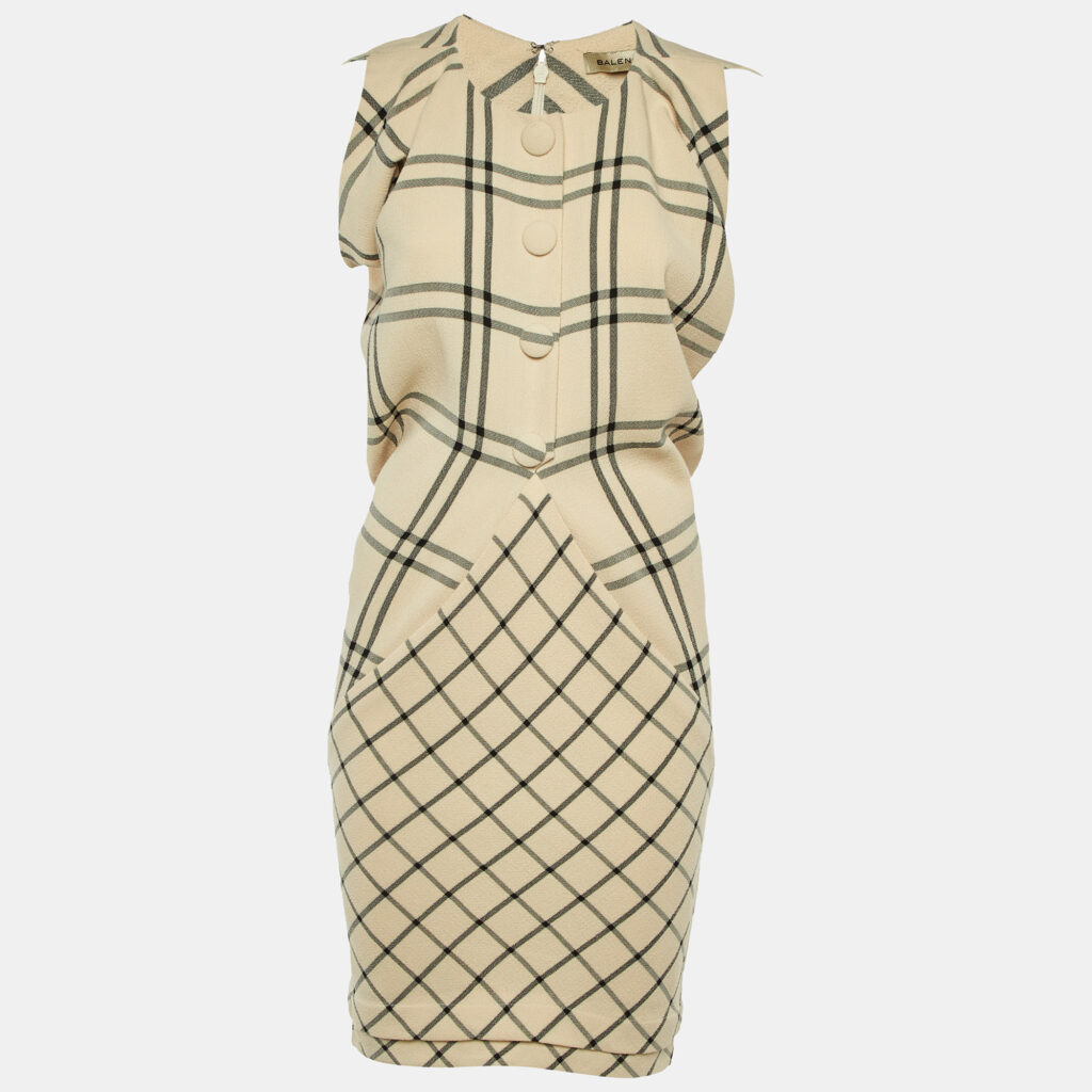 Balenciaga Beige Checked Wool Knee Length Dress M