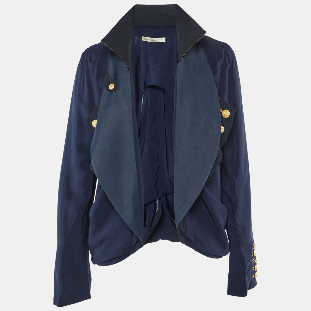 Balenciaga Navy Blue Crepe Panelled Button Detail Jacket M