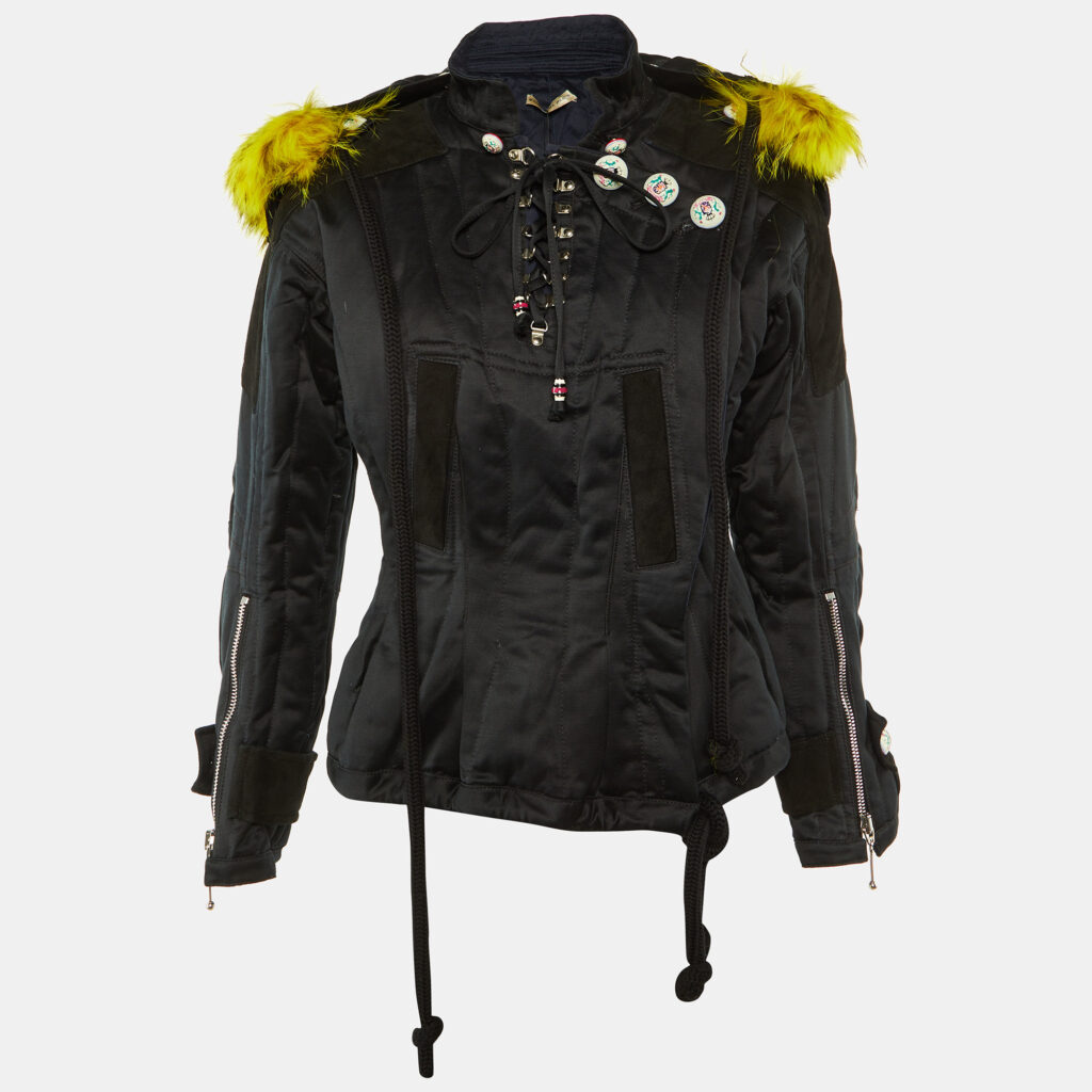 Balenciaga Black Cotton Detachable Fur Hood Button Detail Jacket M