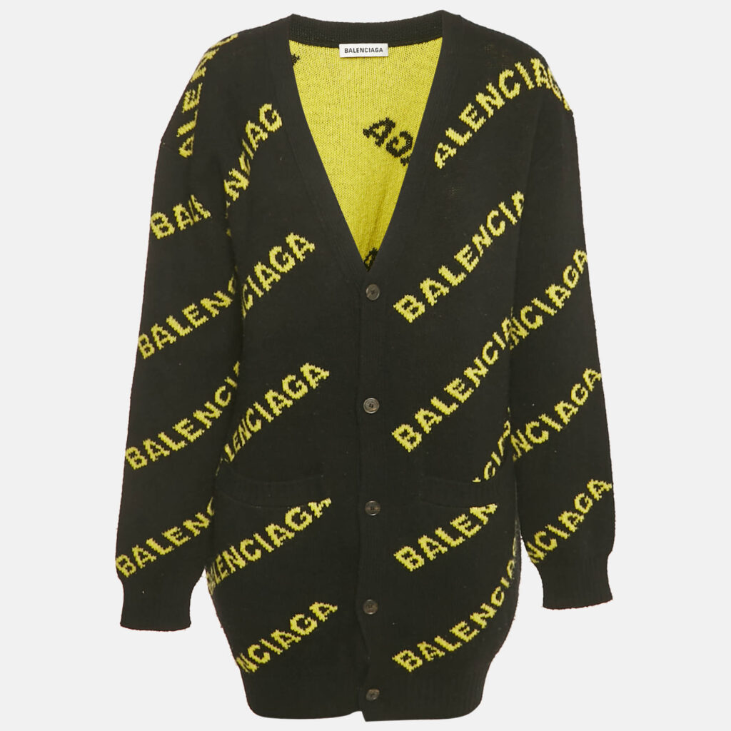 Balenciaga Black Logo Intarsia Wool Knit Long Cardigan L Balenciaga Black Logo Intarsia Wool Knit Long Cardigan L