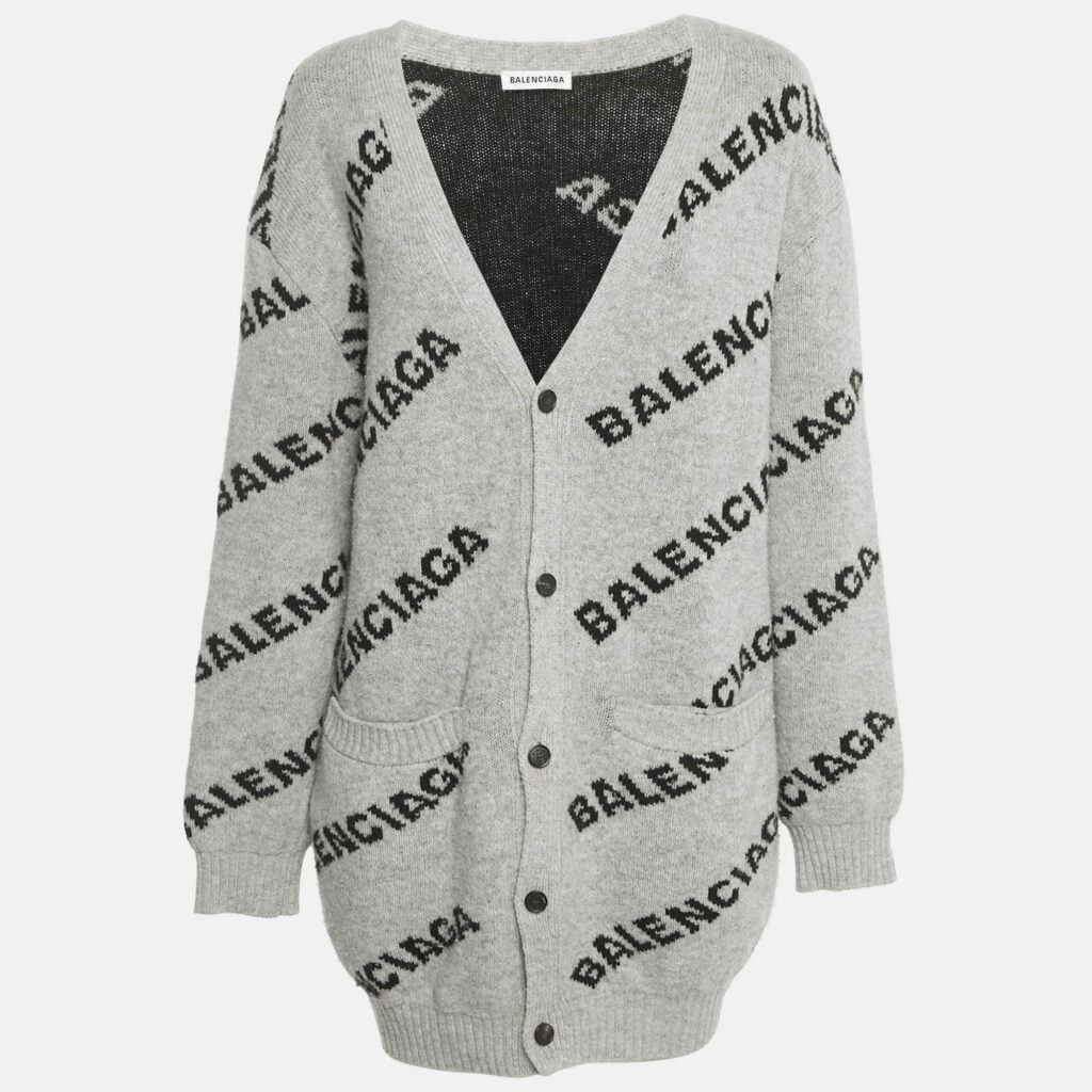 Balenciaga Grey Logo All Over Wool Knit Cardigan M