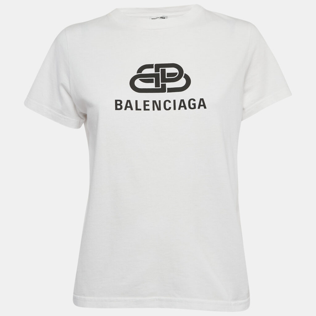 Balenciaga White BB Logo Print Cotton Crewneck-Shirt M