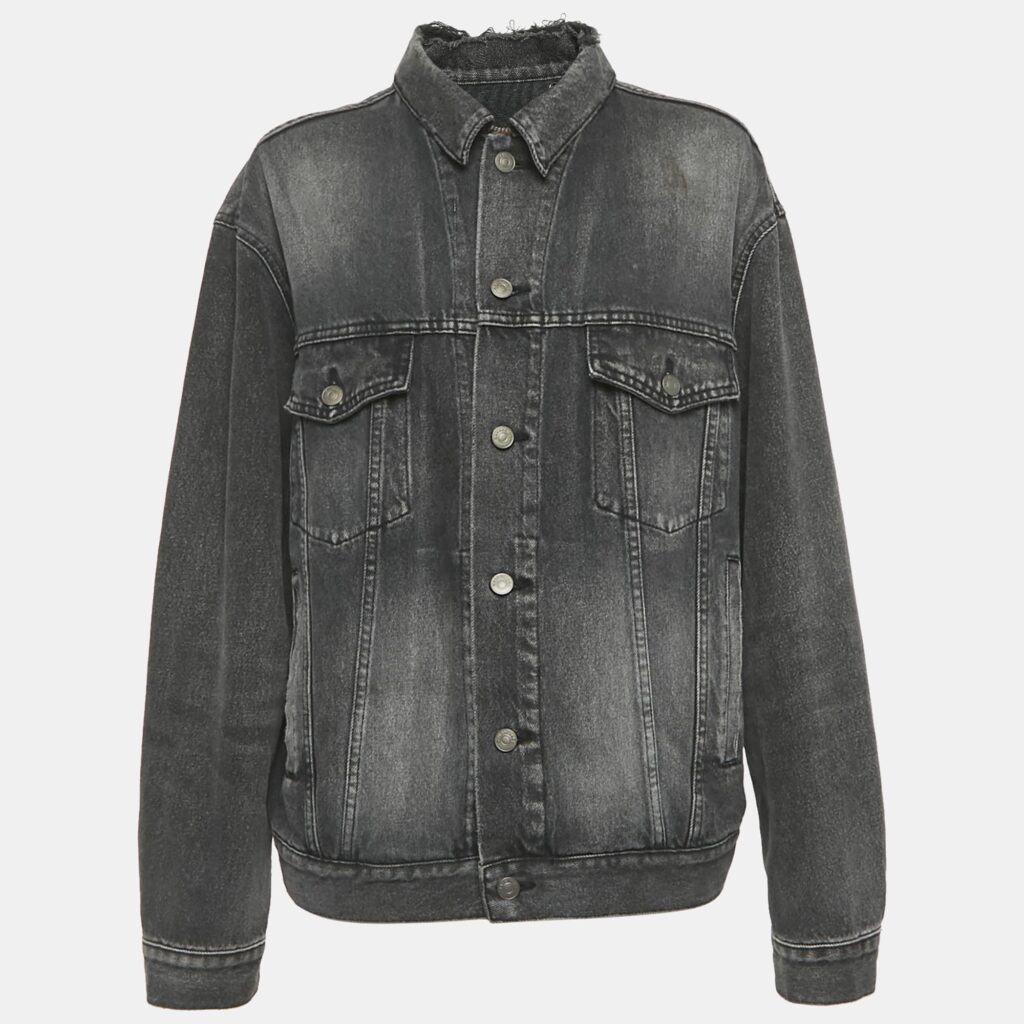 Balenciaga Black Logo Print Denim Distressed Collar Detail Denim Jacket S Balenciaga Black Logo Print Denim Distressed Collar Detail Denim Jacket S