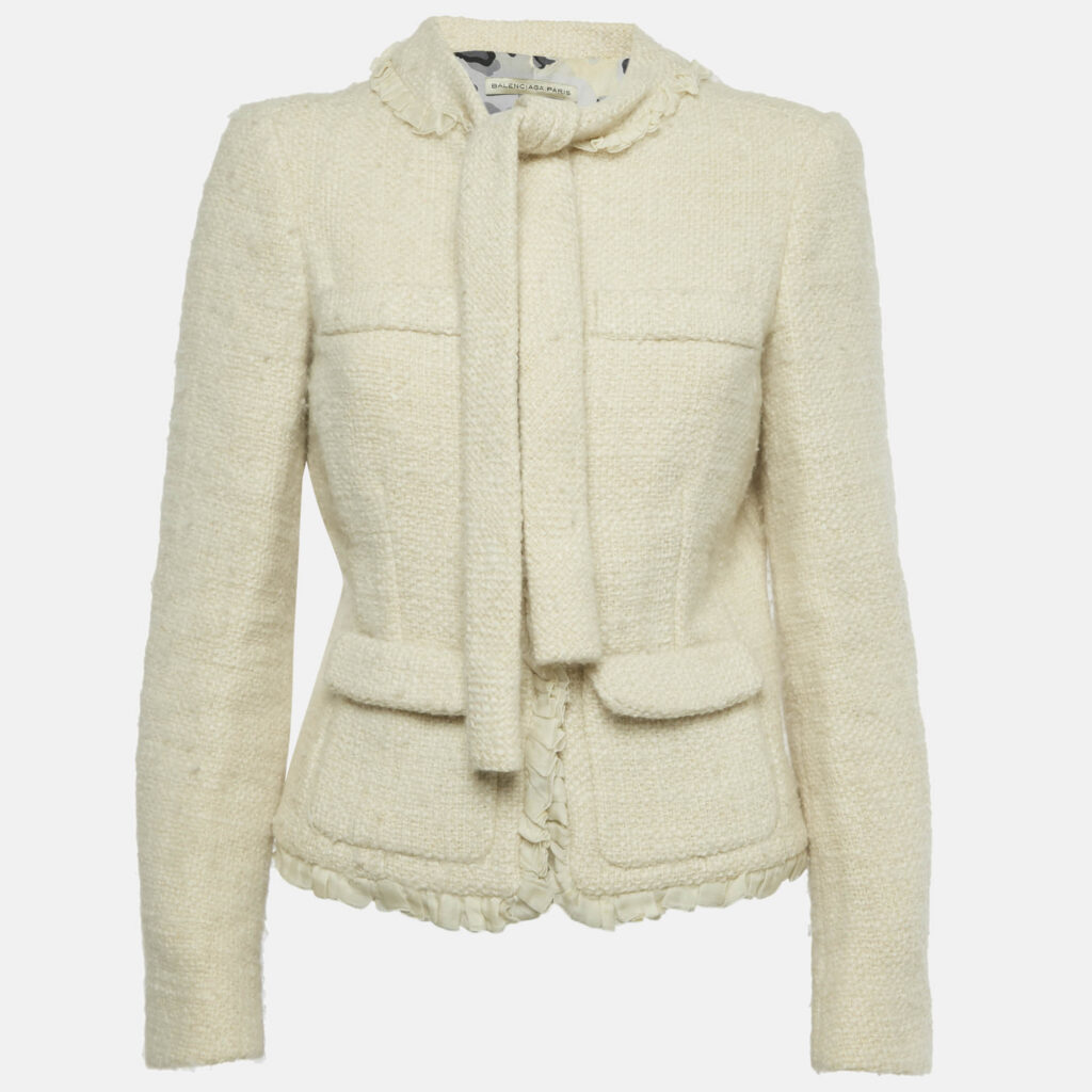 Balenciaga Cream Tweed Ruffled Tie-Up Neck Detail Jacket M Balenciaga Cream Tweed Ruffled Tie-Up Neck Detail Jacket M