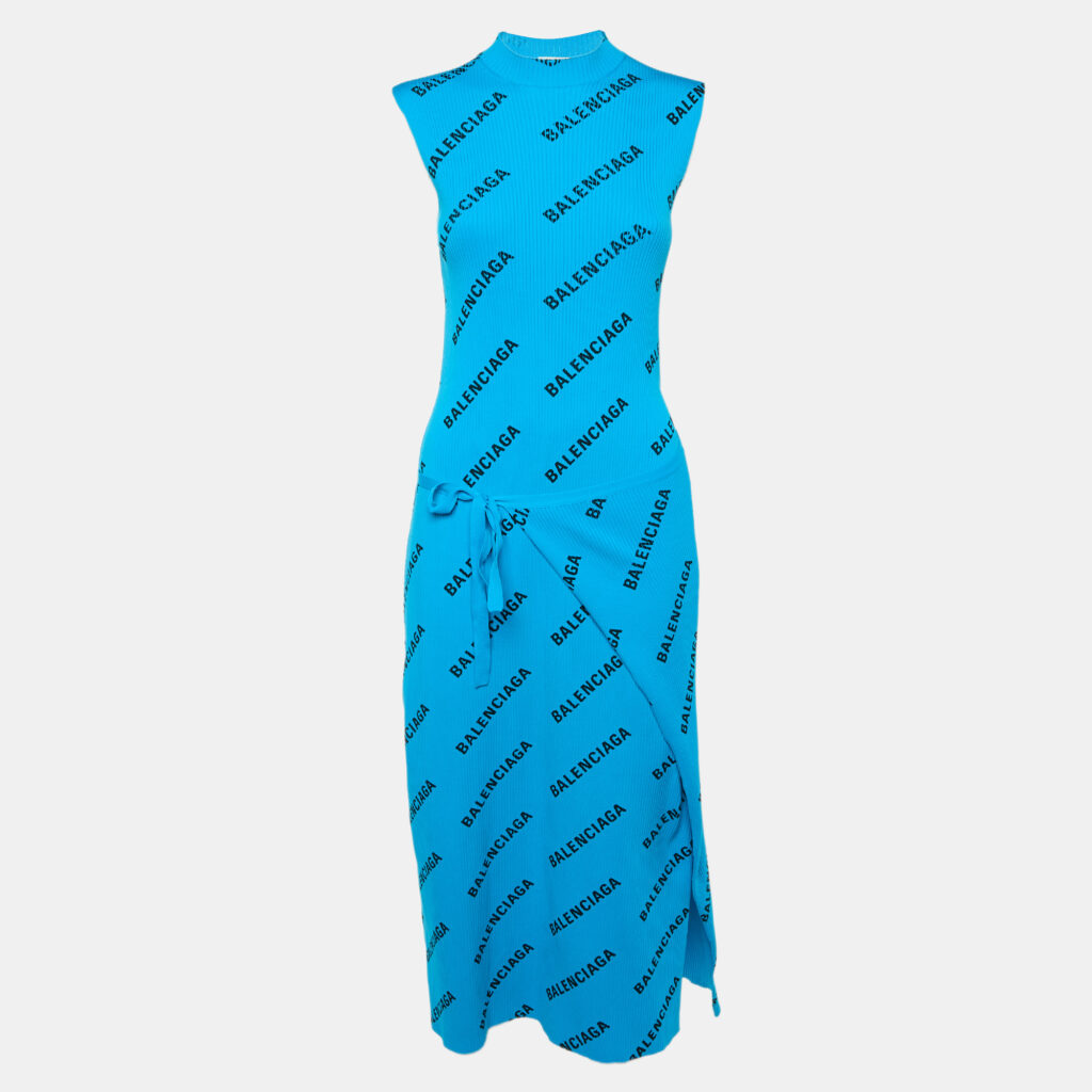 luxury-women-balenciaga-used-clothes-p1212464-001-1.jpg Balenciaga Blue Logo Print Rib Knit Wrapped Midi Dress M