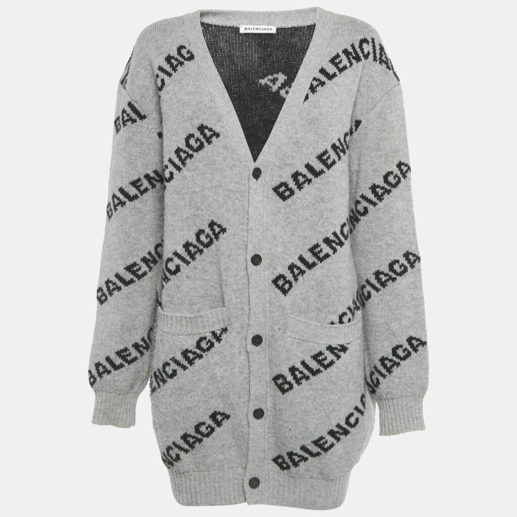 Balenciaga Grey Logo All Over Wool Knit Cardigan M Balenciaga Grey Logo All Over Wool Knit Cardigan M