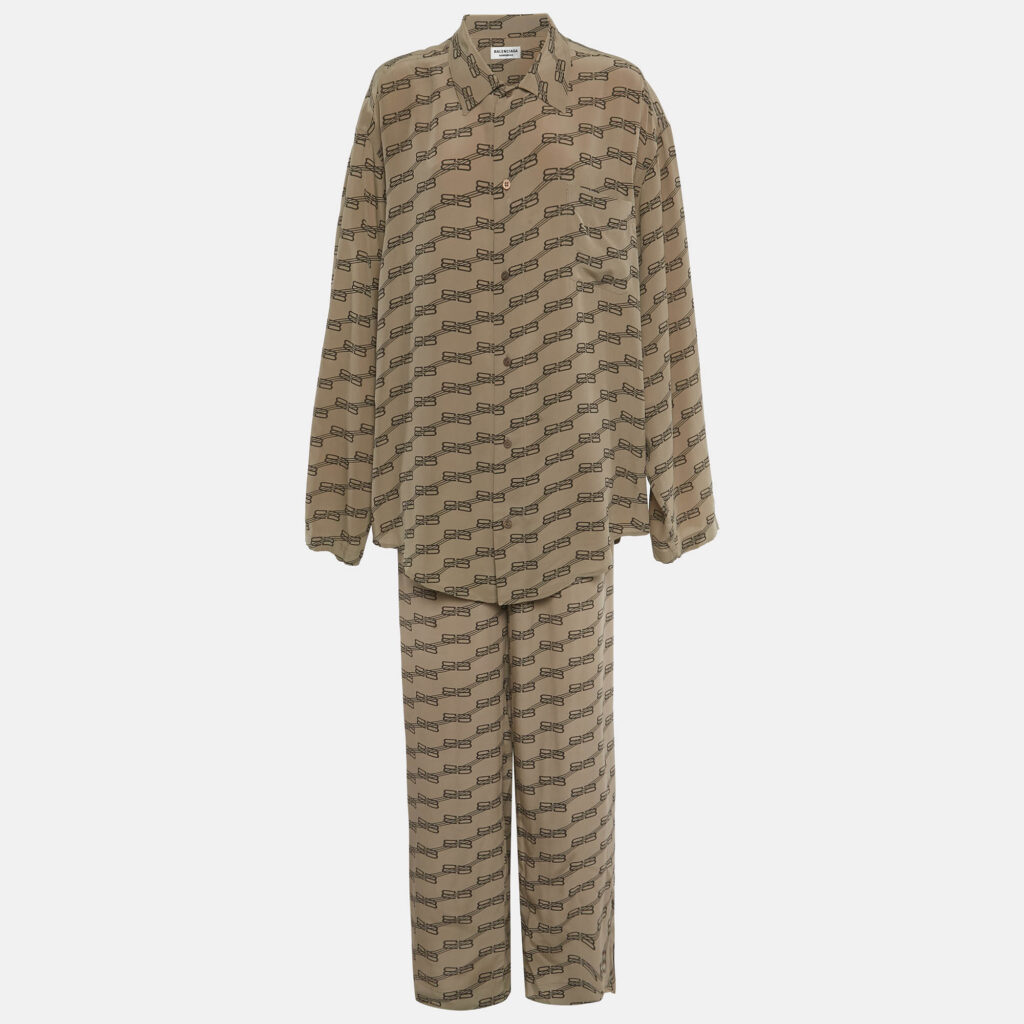 Balenciaga Homewear Brown Monogram Print Silk Minimal Pajama Set M Balenciaga Homewear Brown Monogram Print Silk Minimal Pajama Set M