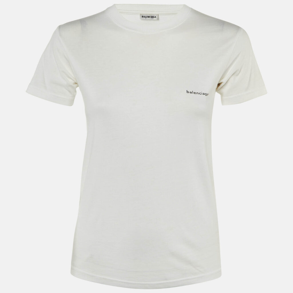 Balenciaga White Logo Print Cotton Crew Neck T-Shirt XS