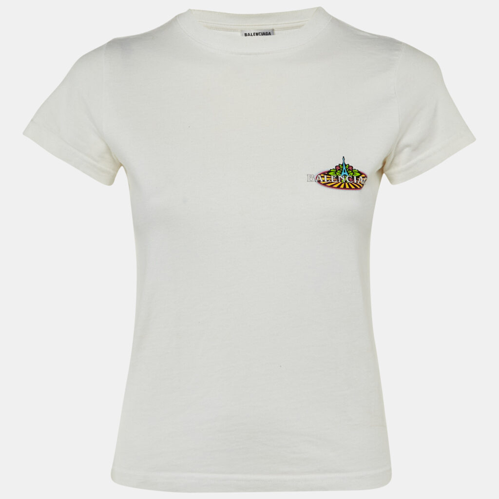 luxury-women-balenciaga-used-clothes-p1240744-005-1.jpg Balenciaga White Bonjour Paris Print Cotton Crew Neck T-Shirt XS