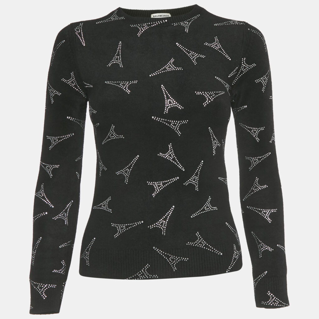 luxury-women-balenciaga-used-clothes-p1243782-001-1.jpg Balenciaga Black Eiffel Tower Crystal Fleece Pullover S