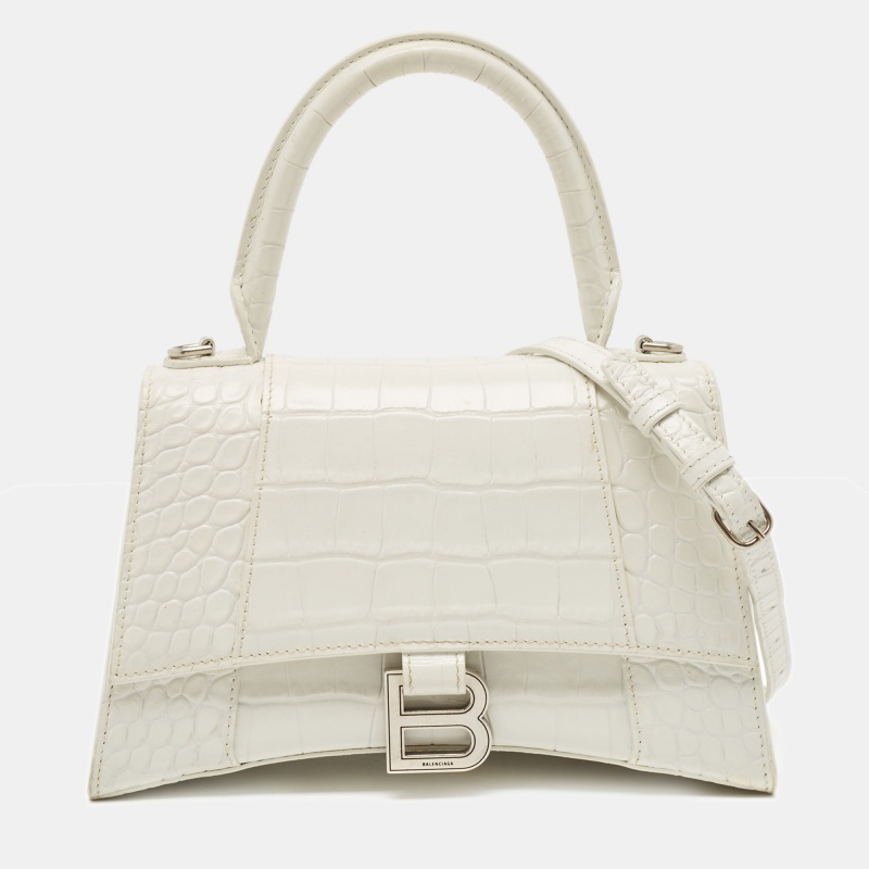 Balenciaga White Croc Embossed Leather Small Hourglass Top Handle Bag Balenciaga White Croc Embossed Leather Small Hourglass Top Handle Bag