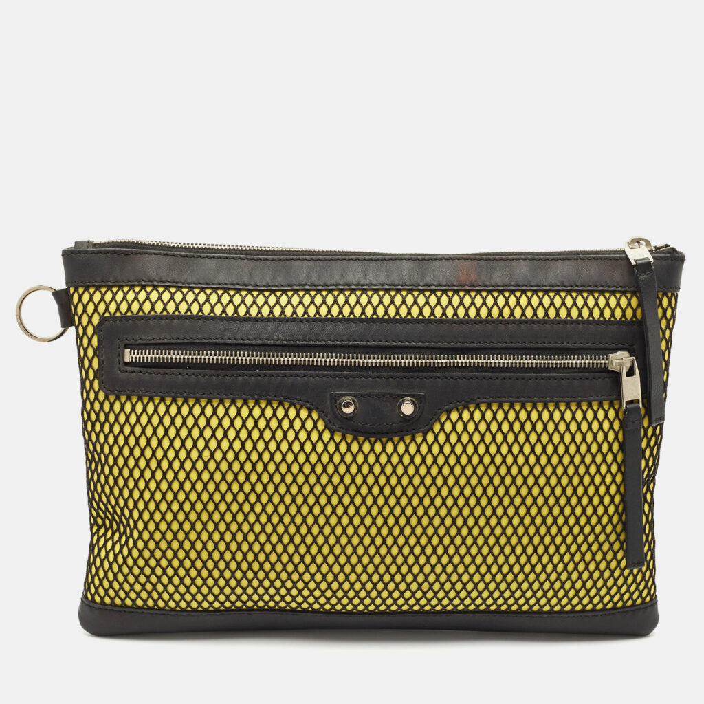 Balenciaga Black/Yellow Mesh Nylon and Leather Clip Clutch