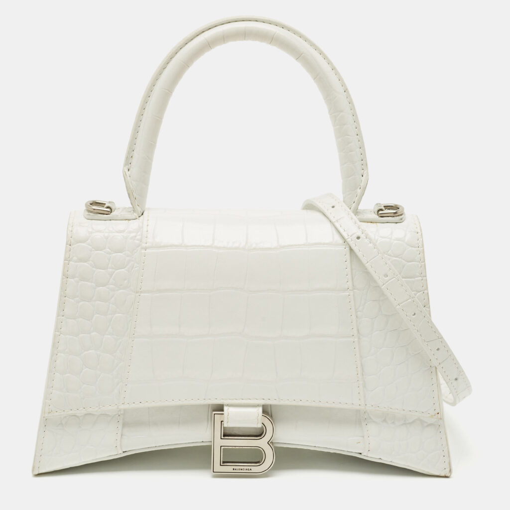 Balenciaga White Croc Embossed Leather Small Hourglass Top Handle Bag Balenciaga White Croc Embossed Leather Small Hourglass Top Handle Bag
