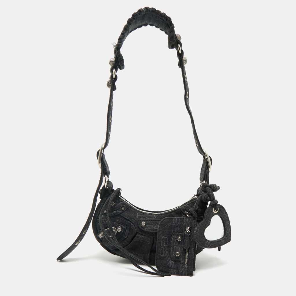 Balenciaga Black Denim Monogram XS Le Cagole Shoulder Bag Balenciaga Black Denim Monogram XS Le Cagole Shoulder Bag