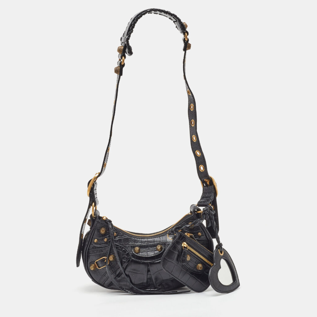 Balenciaga Black Croc Embossed Leather XS Le Cagole Shoulder Bag