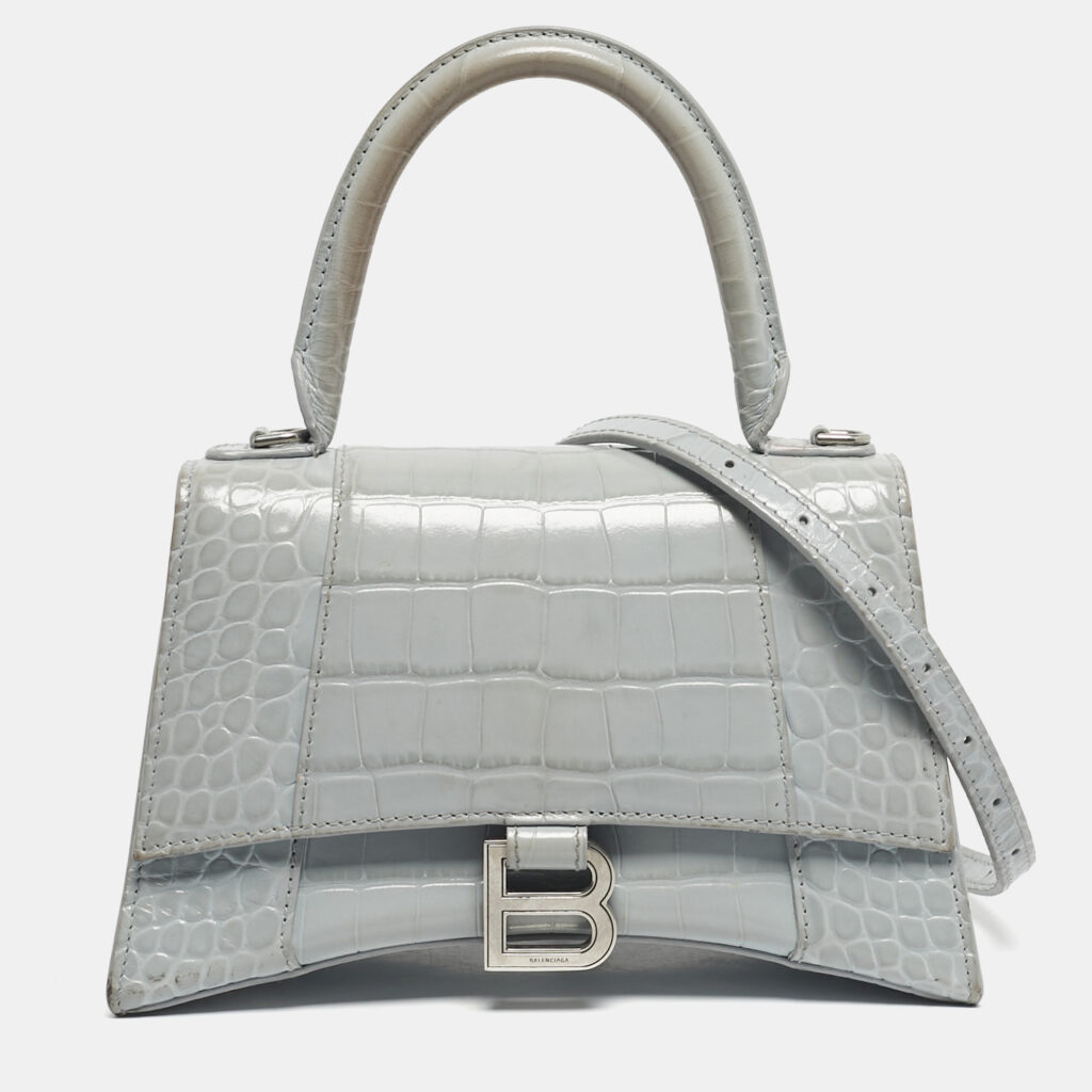 Balenciaga Light Blue Croc Embossed Leather Small Hourglass Top Handle Bag Balenciaga Light Blue Croc Embossed Leather Small Hourglass Top Handle Bag