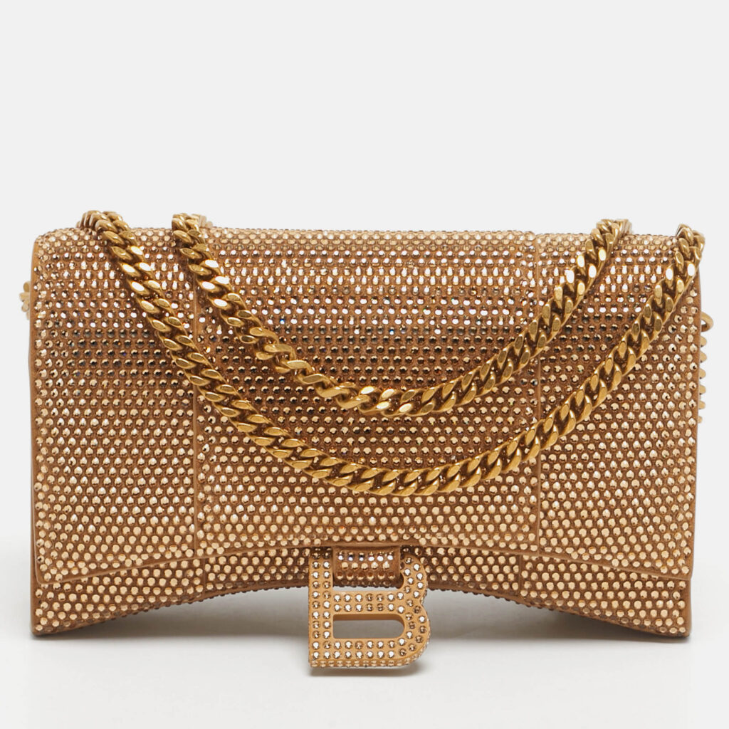 Balenciaga Gold Suede Crystal Embellished Hourglass Wallet on Chain Balenciaga Gold Suede Crystal Embellished Hourglass Wallet on Chain