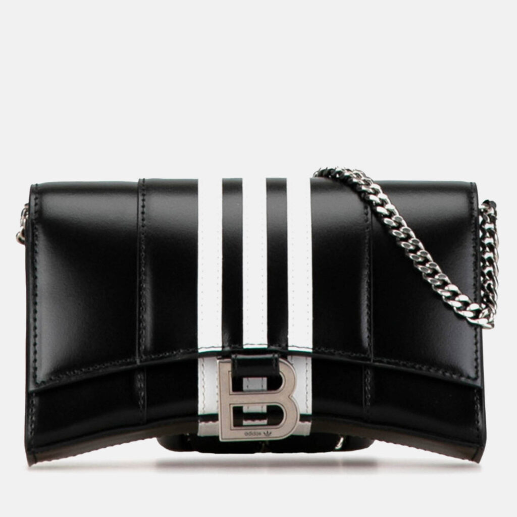 Balenciaga X Adidas Hourglass Crossbody Chain Wallet Shoulder Bag Black White Leather Balenciaga X Adidas Hourglass Crossbody Chain Wallet Shoulder Bag Black White Leather