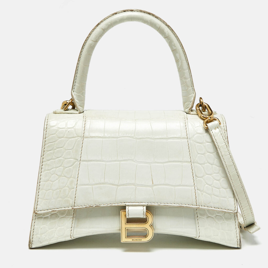 Balenciaga White Croc Embossed Leather Small Hourglass Top Handle Bag Balenciaga White Croc Embossed Leather Small Hourglass Top Handle Bag