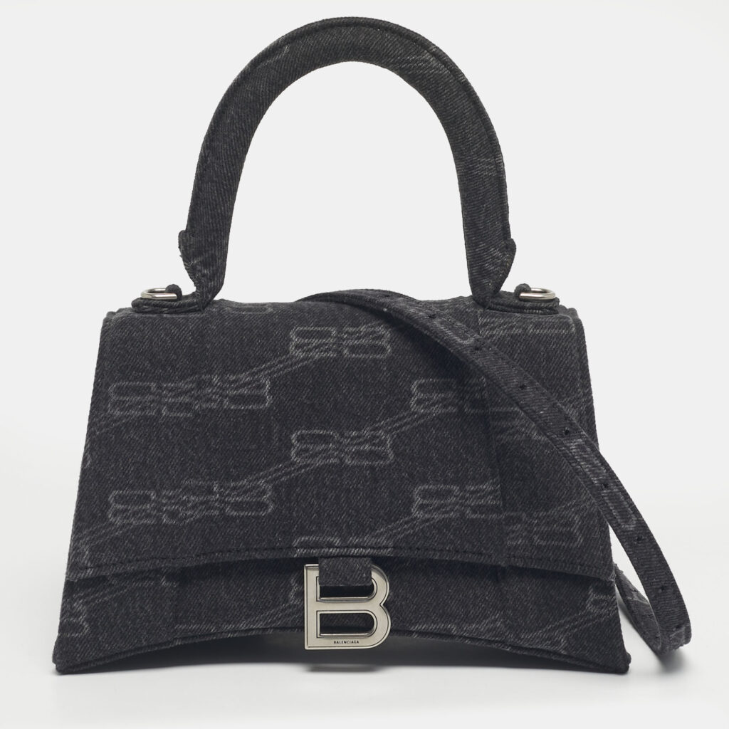 luxury-women-balenciaga-used-handbags-p1217549-012-1.jpg Balenciaga Black BB Monogram Denim Small Hourglass Top Handle Bag