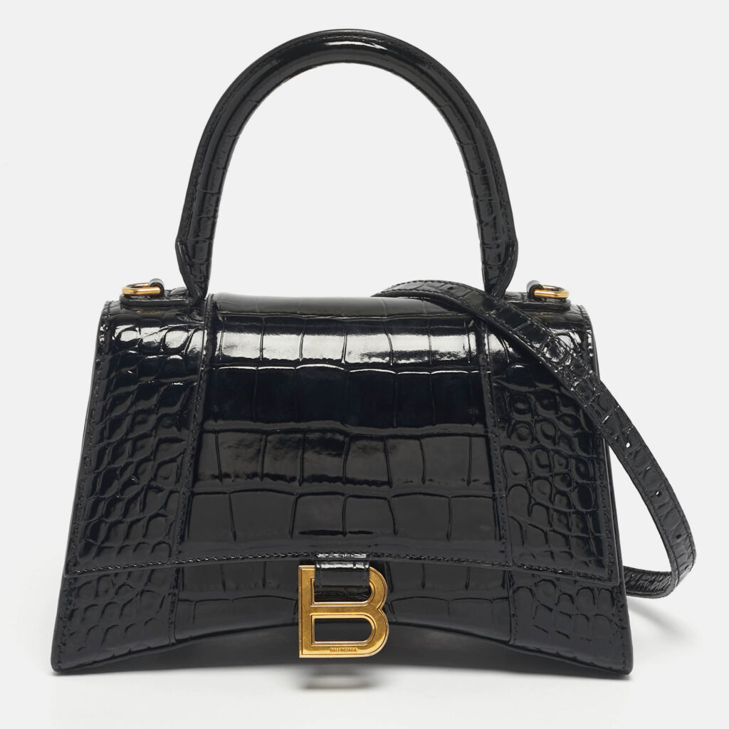luxury-women-balenciaga-used-handbags-p1219878-011.jpg Balenciaga Black Croc Embossed Leather Small Hourglass Top Handle Bag