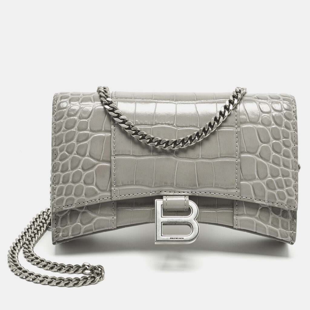 Balenciaga Grey Croc Embossed Leather Hourglass Wallet on Chain Balenciaga Grey Croc Embossed Leather Hourglass Wallet on Chain