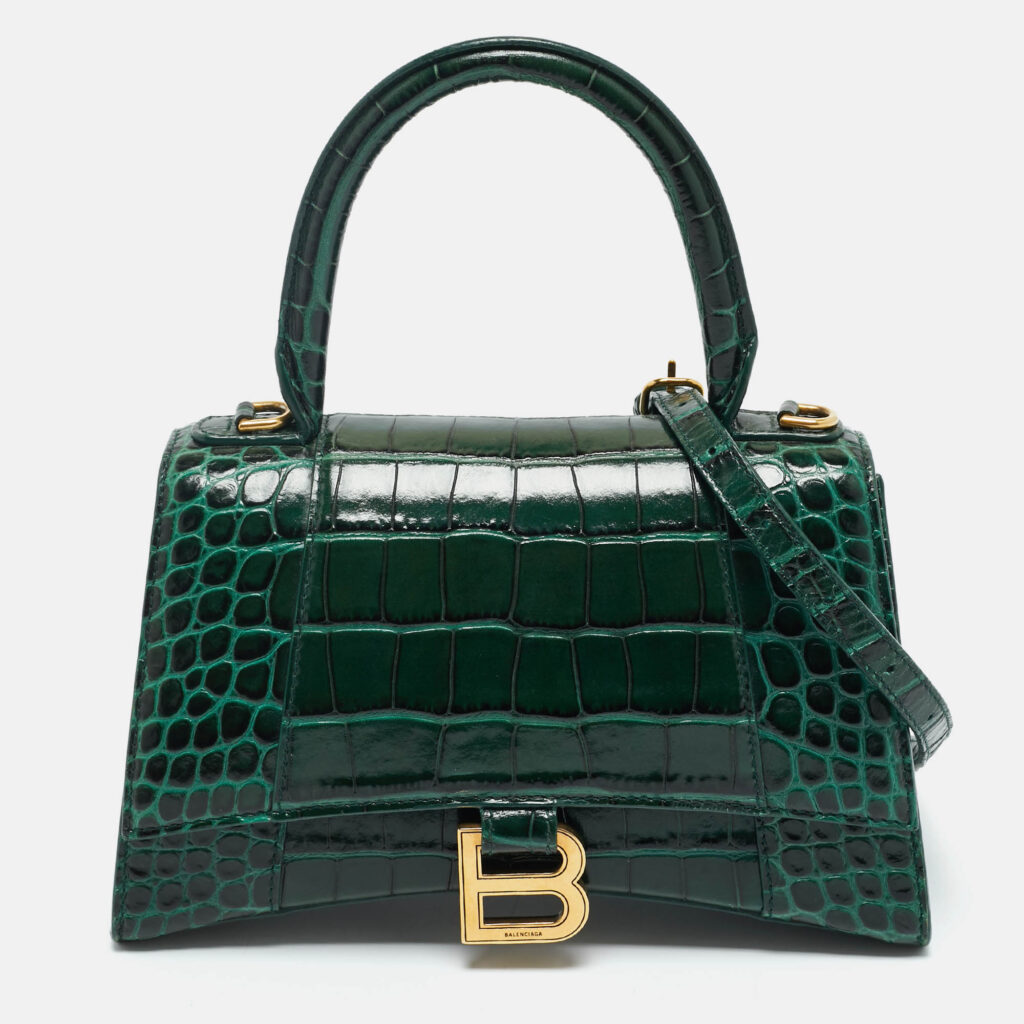 luxury-women-balenciaga-used-handbags-p1224126-011.jpg Balenciaga Green Croc Embossed Leather Small Hourglass Top Handle Bag