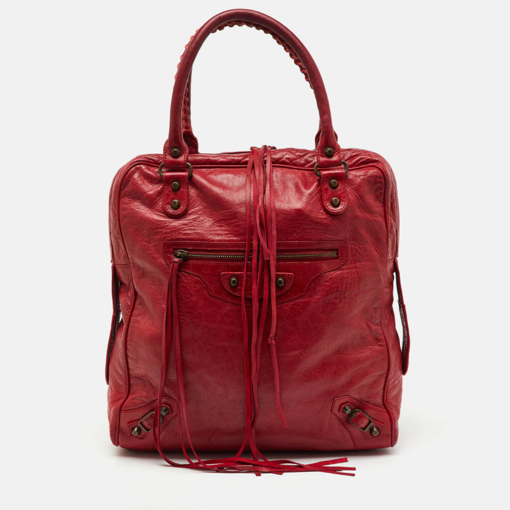 Balenciaga Red Leather Motocross Classic Bowling Bag