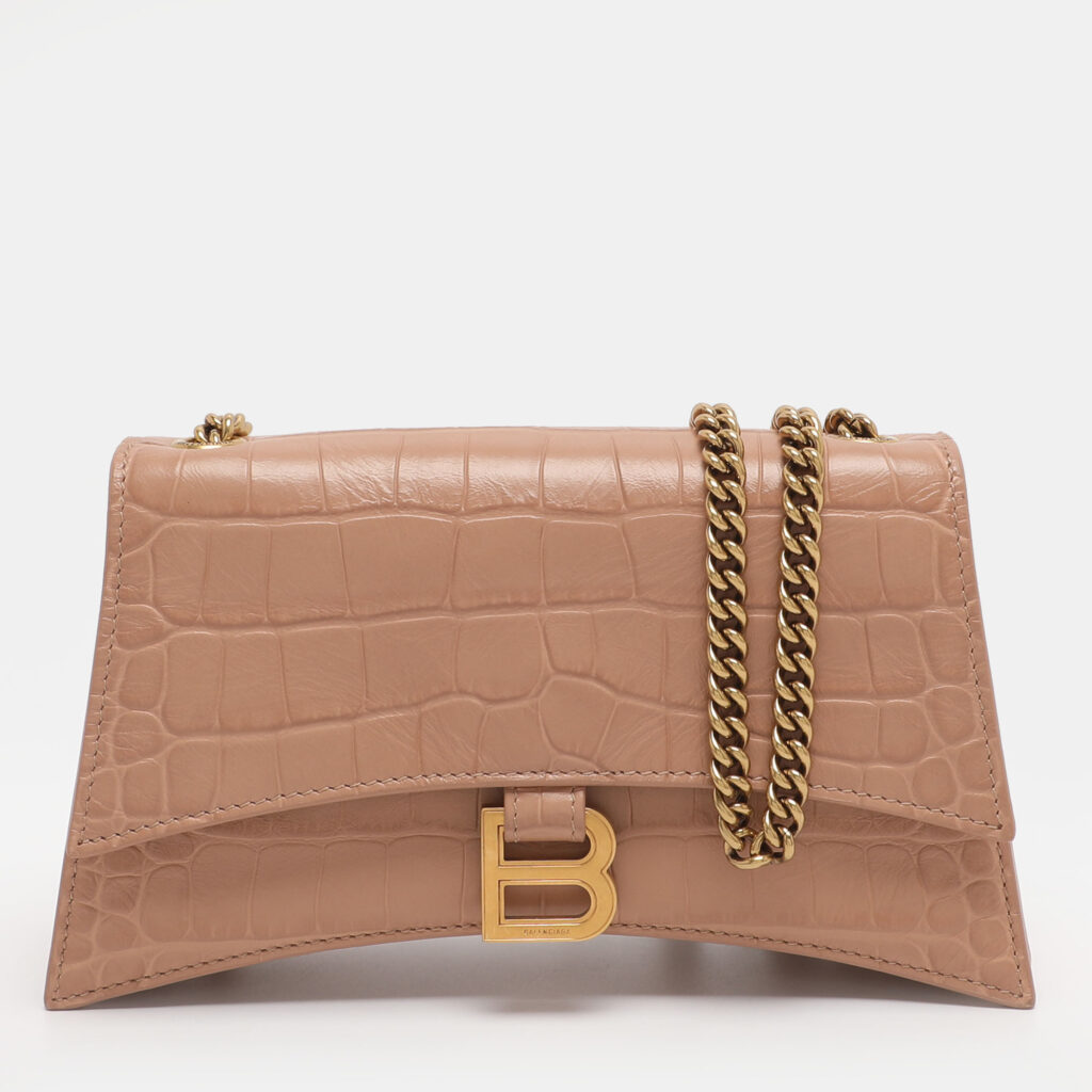 Balenciaga Beige Croc Embossed Leather XS Crush Chain Shoulder Bag Balenciaga Beige Croc Embossed Leather XS Crush Chain Shoulder Bag
