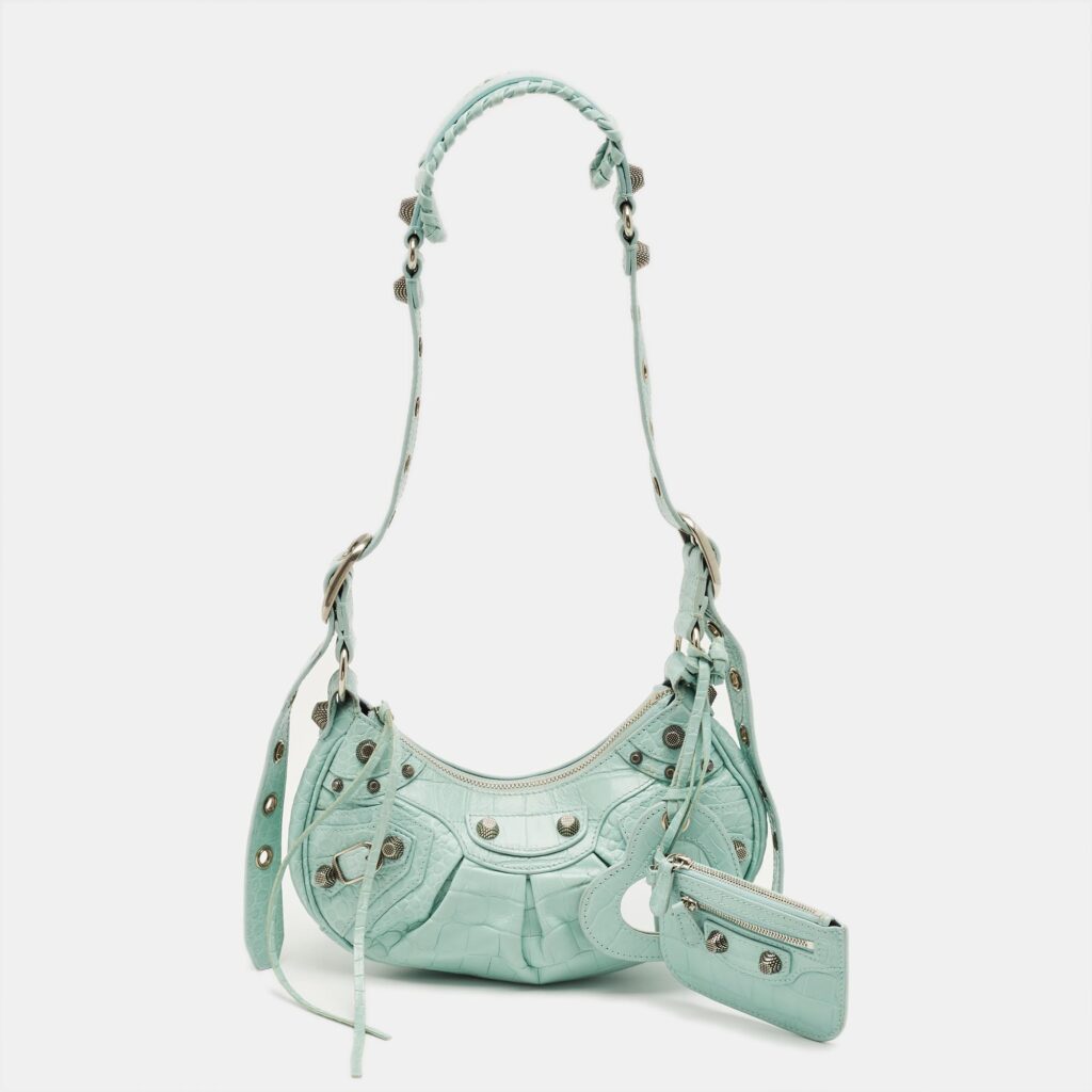 Balenciaga Pale Turquoise Croc Embossed Leather XS Le Cagole Shoulder Bag Balenciaga Pale Turquoise Croc Embossed Leather XS Le Cagole Shoulder Bag