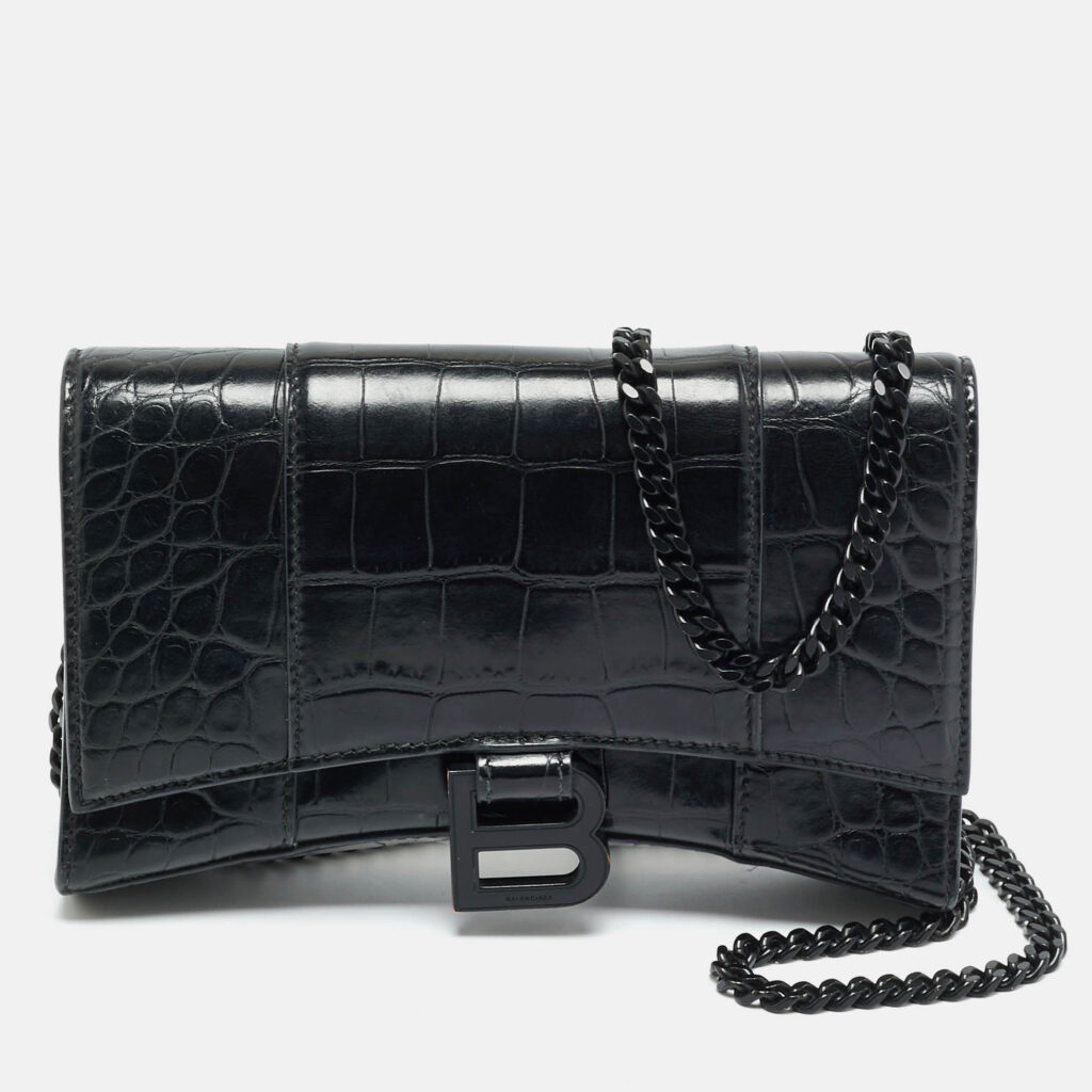 Balenciaga Black Croc Embossed Leather Hourglass Wallet on Chain w/Coin Purse
