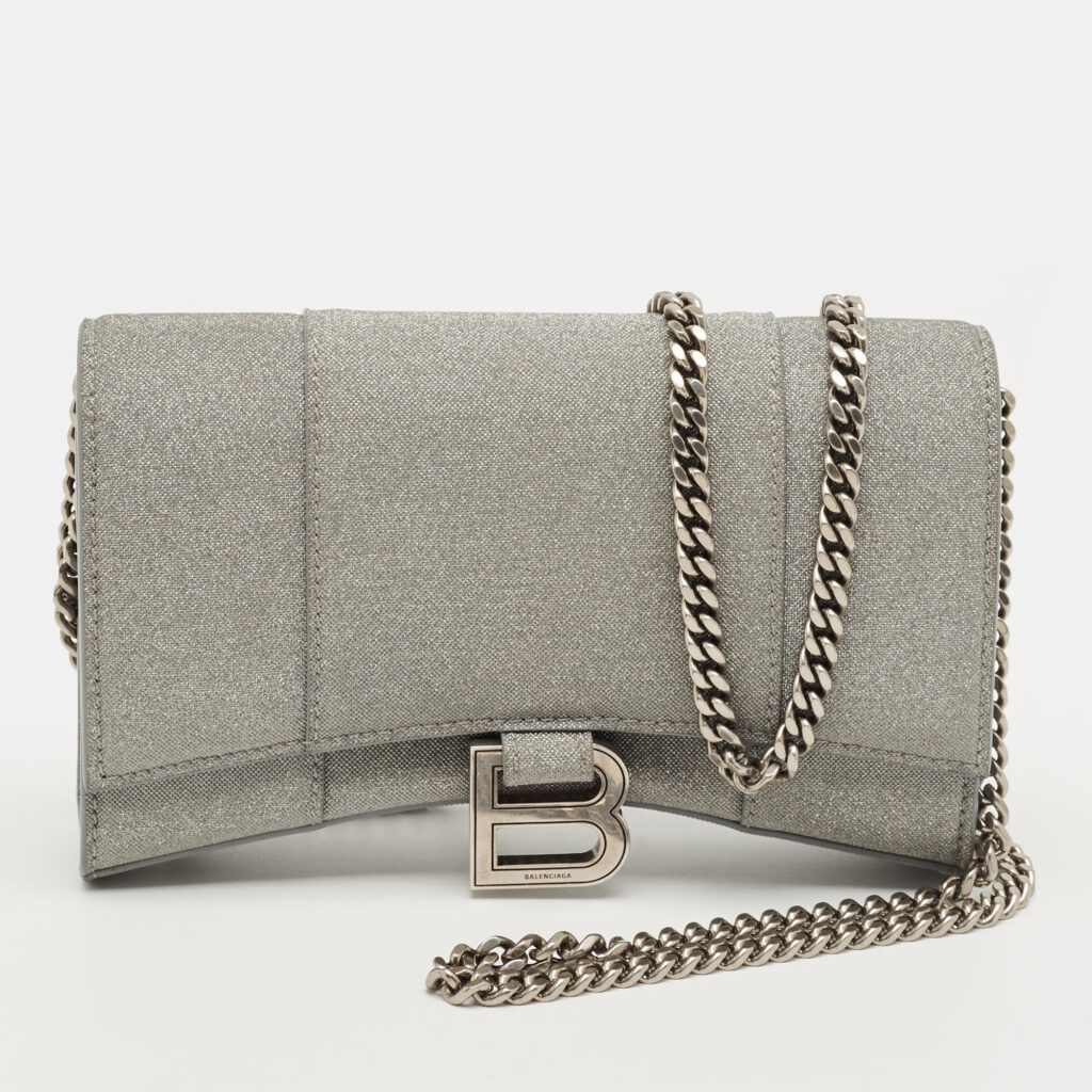Balenciaga Grey Glitter Leather Hourglass Wallet on Chain Balenciaga Grey Glitter Leather Hourglass Wallet on Chain