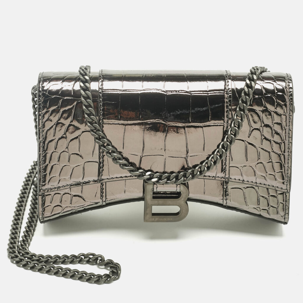 Balenciaga Metallic Grey Croc Embossed Patent Leather Hourglass Wallet on Chain Balenciaga Metallic Grey Croc Embossed Patent Leather Hourglass Wallet on Chain