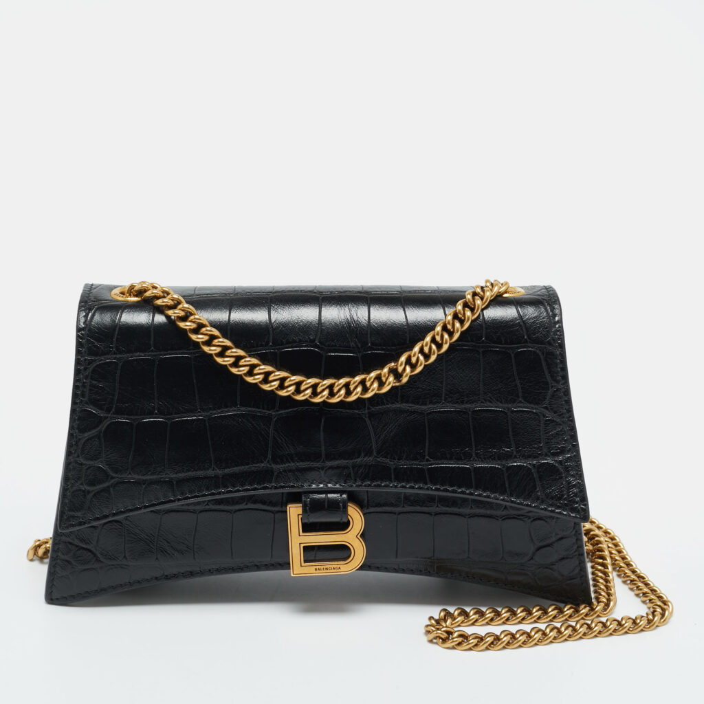 Balenciaga Black Croc Embossed Leather Small Hourglass Top Handle Bag Balenciaga Black Croc Embossed Leather Small Hourglass Top Handle Bag
