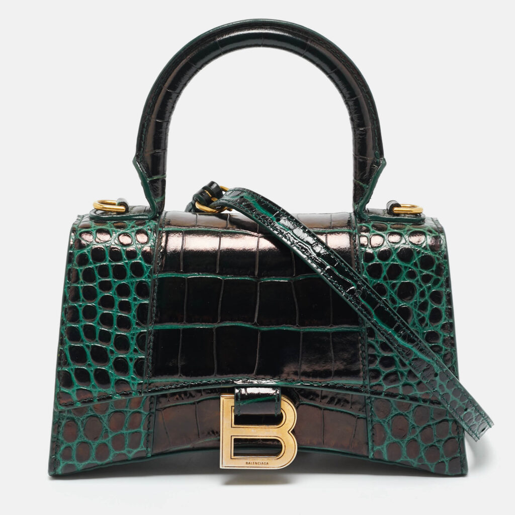 Balenciaga Dark Green Croc Embossed Leather XS Hourglass Top Handle Bag Balenciaga Dark Green Croc Embossed Leather XS Hourglass Top Handle Bag