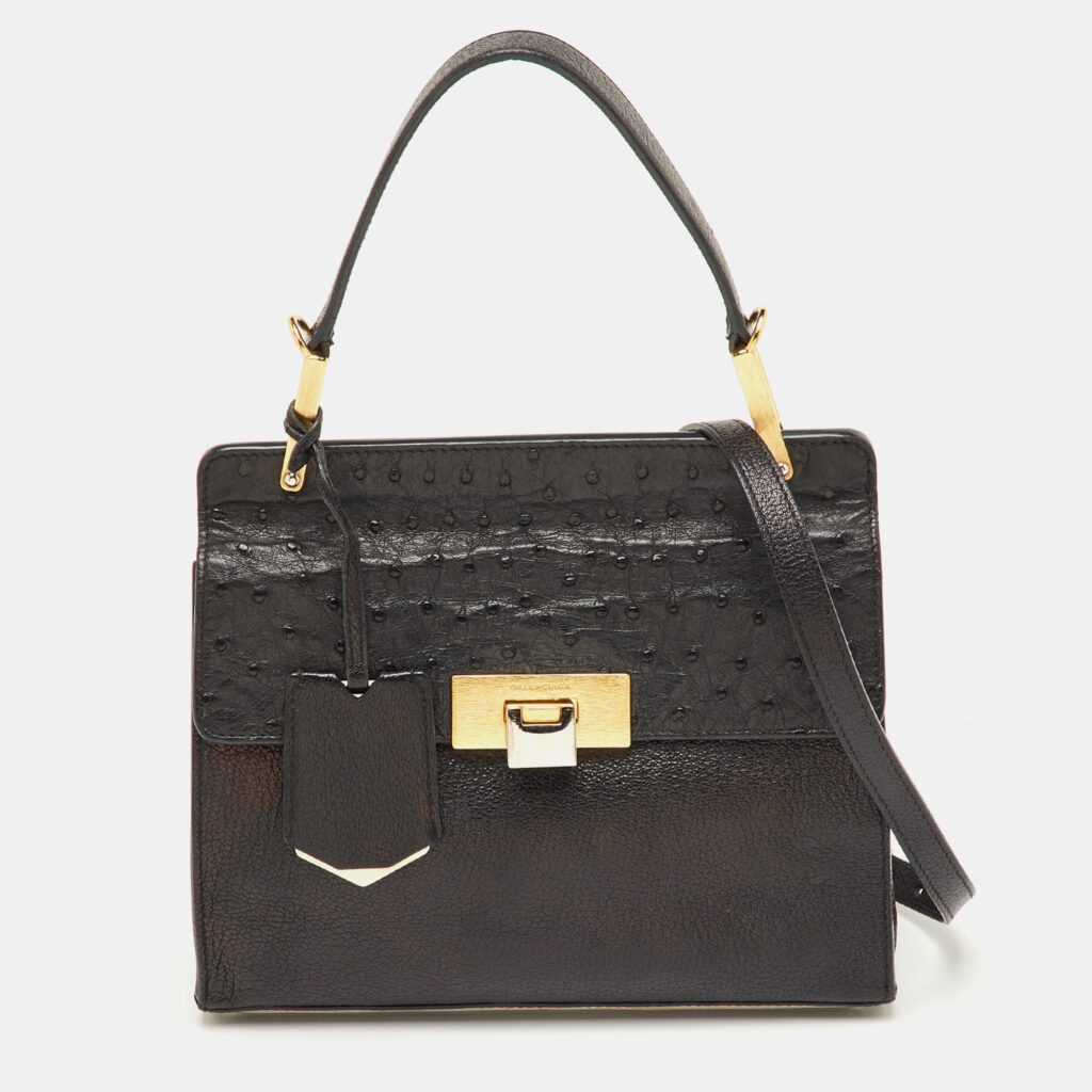 luxury-women-balenciaga-used-handbags-p1245618-004-1.jpg Balenciaga Black Leather and Ostrich Le Dix Cartable Top Handle Bag